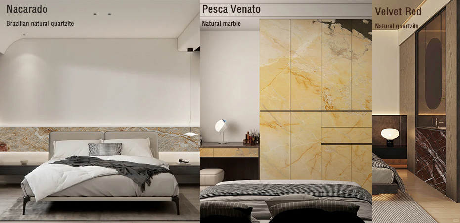 Nacarado Brazilian natural quartzite & Pesca Venato natural marble & Velvet Red natural quartzite