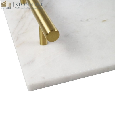 Brass handle rectangular Bianco white marble tray