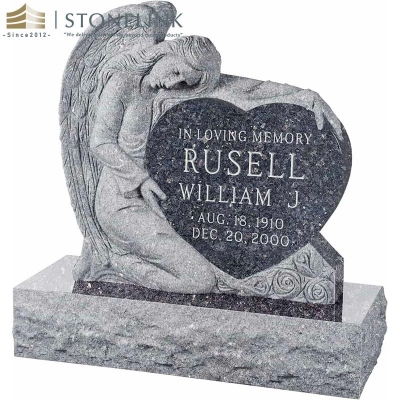 Single angel holding heart granite headstone