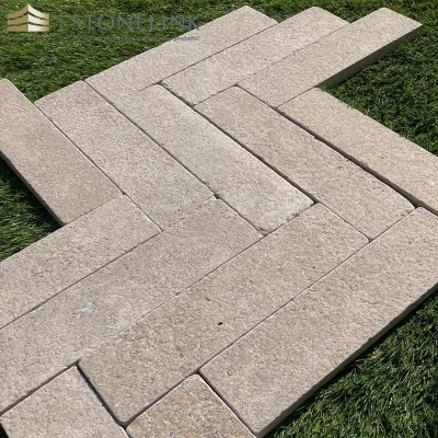 Acid tumbled beige limestone pavers