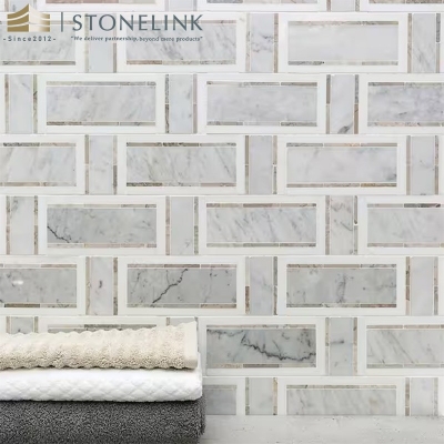 White Carrara and Thasos Gray interlocking marble mosaic